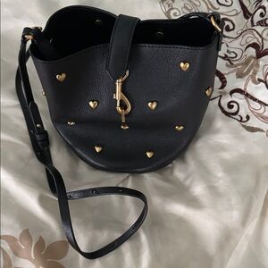 Rebecca Minkoff small Black Leather Heart-Studded bucket crossbody bag